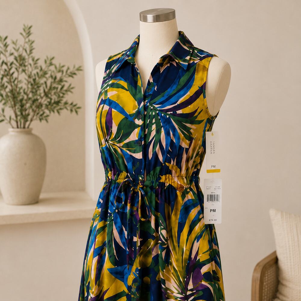 Sandra Darren Petite PM Tropical Midi Shirtdress Pockets NWT - Picture 6 of 12